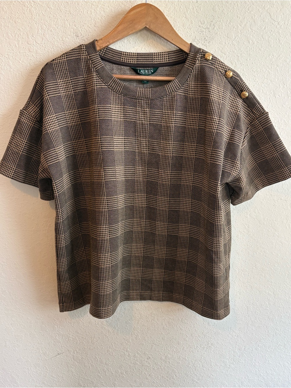 New Lauren Ralph Lauren Plaid Short Sleeve Jacquard Top Brown Women’s 1X